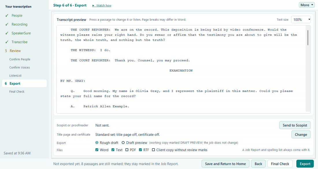 TL Step 6, Export: the transcript preview, the files to make, Send to Scopist, and Final Check beside Export.