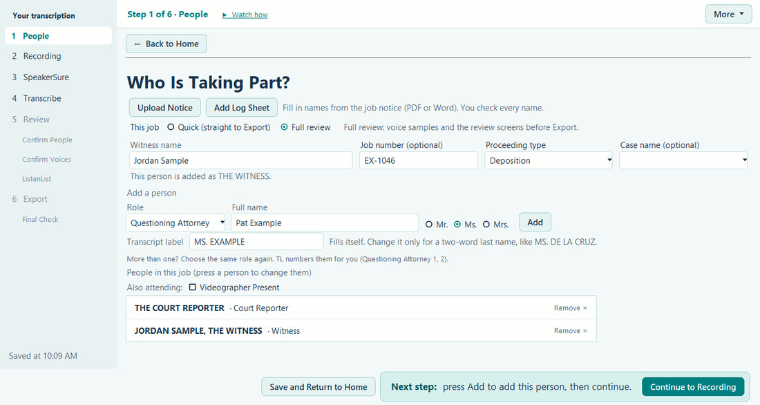 TL Step 1, People: Upload Notice and Add Log Sheet, Quick Review or Full Review, the witness name, and the people in the job.